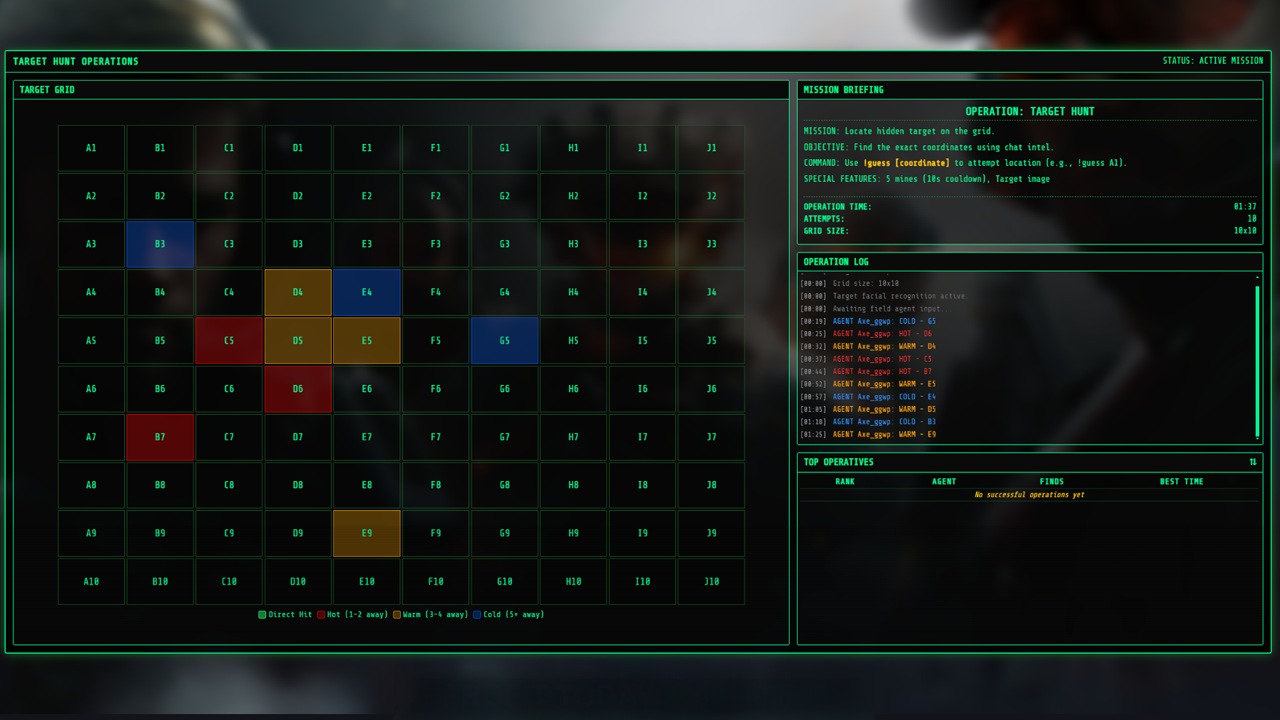 Target Hunt game interface showing grid-based search gameplay